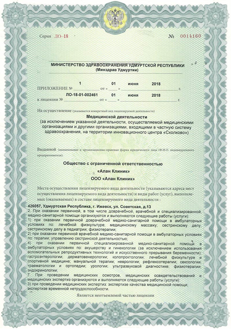 Лицензия Алан Клиник Ижевск на осуществление медицинской деятельности (Приложение №1)